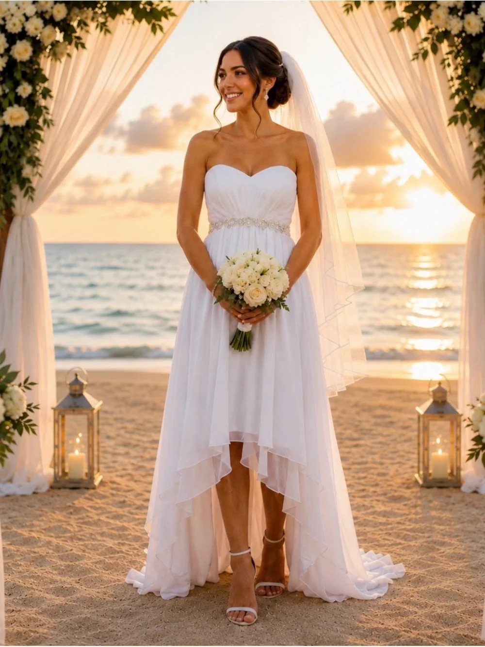 Eumi Strapless White High-Low Bridal Dress with Beaded Waist